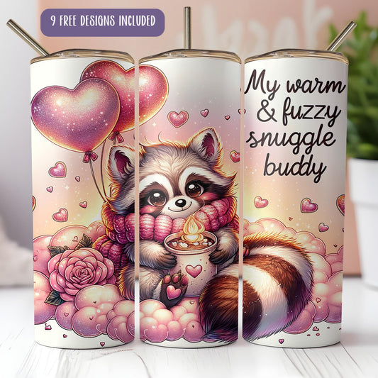 a raccoon holding a cup of coffee on a table