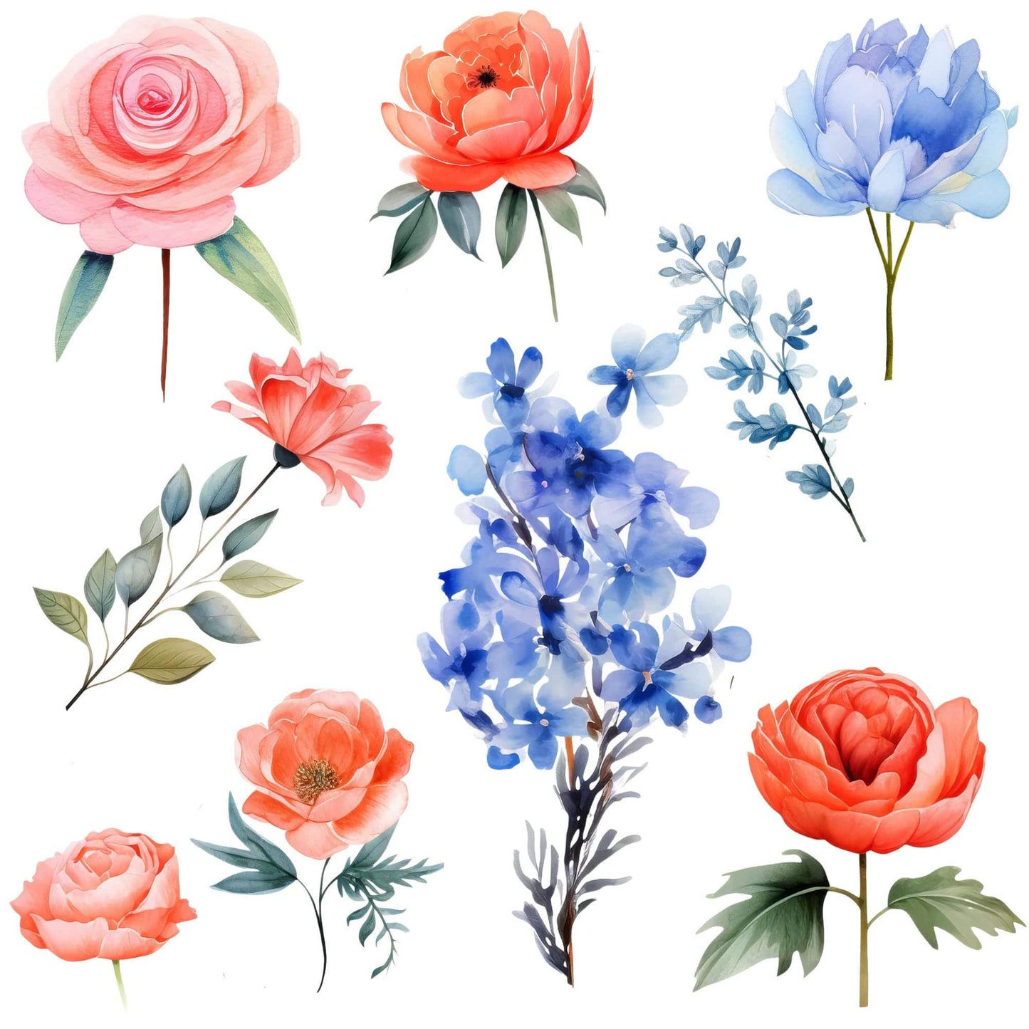 Vibrant Coral and Blue Floral Clipart