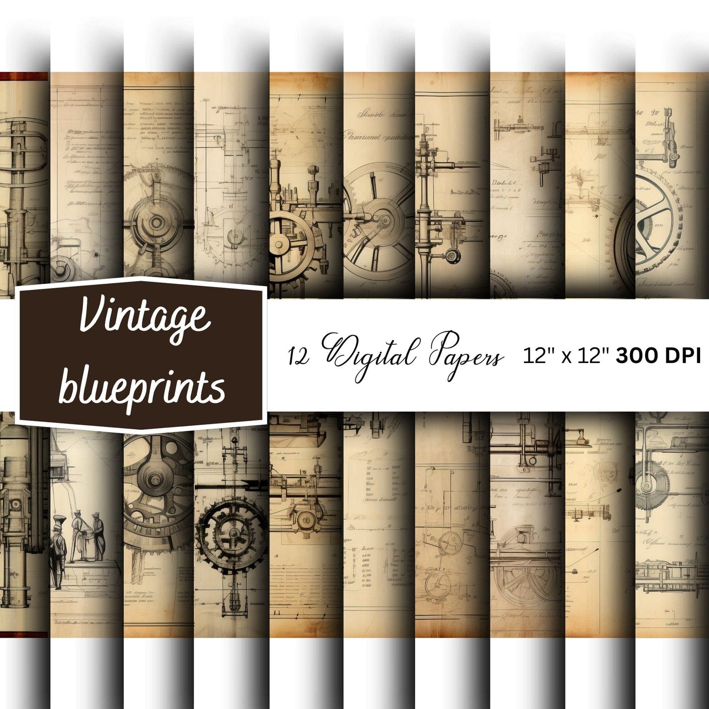 Vintage Technical Blueprint Digital Papers