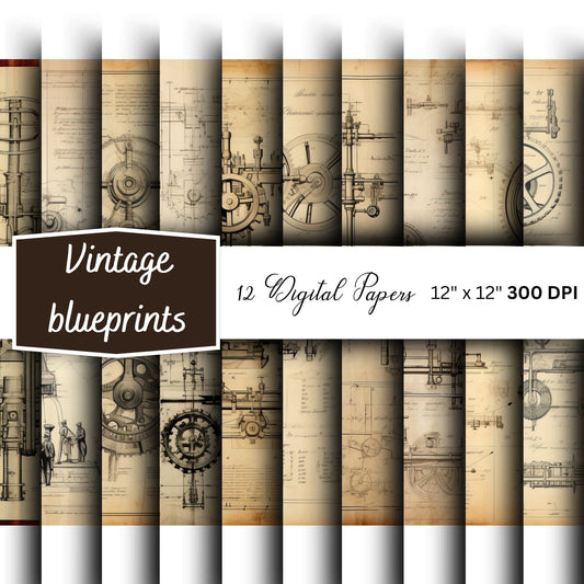 Vintage Technical Blueprint Digital Papers
