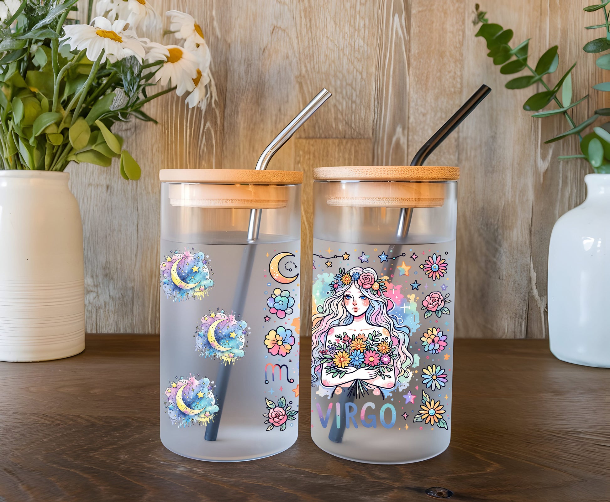 a couple of cups sitting on top of a wooden table
