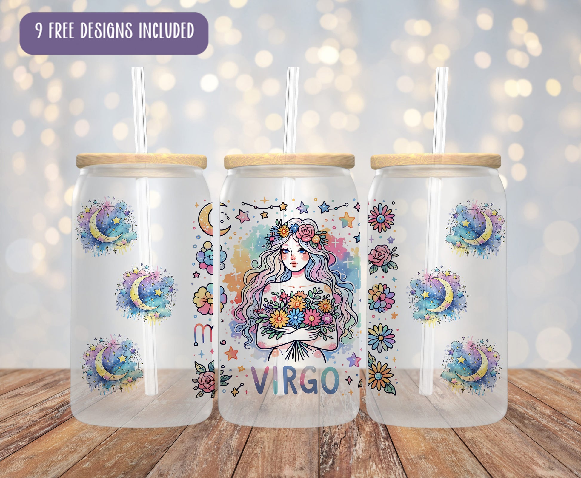 three plastic cups with designs on them sitting on a table