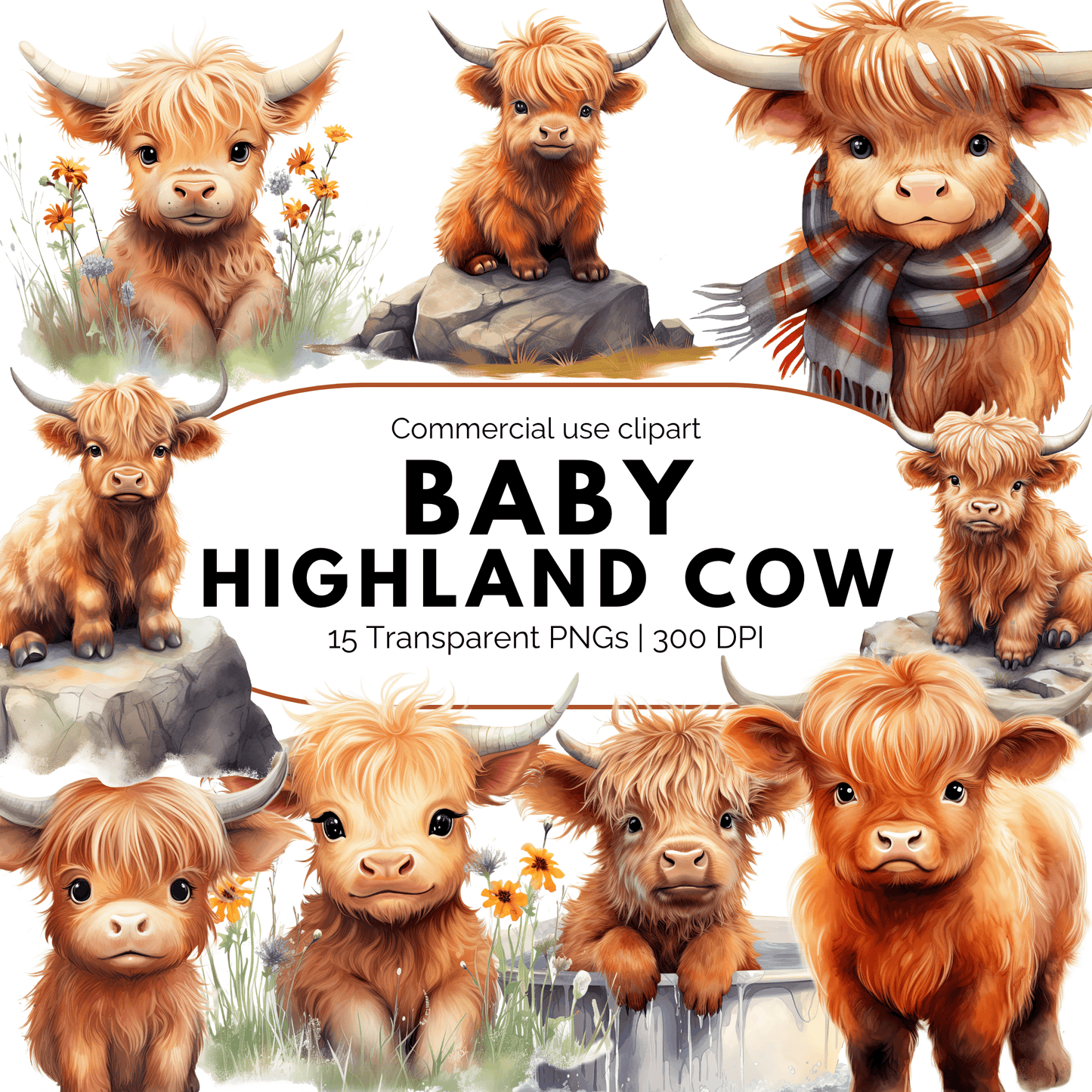 Watercolor Baby Highland Cow Clipart