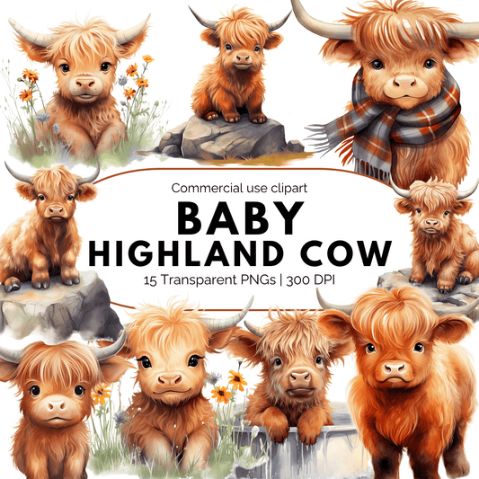 Watercolor Baby Highland Cow Clipart