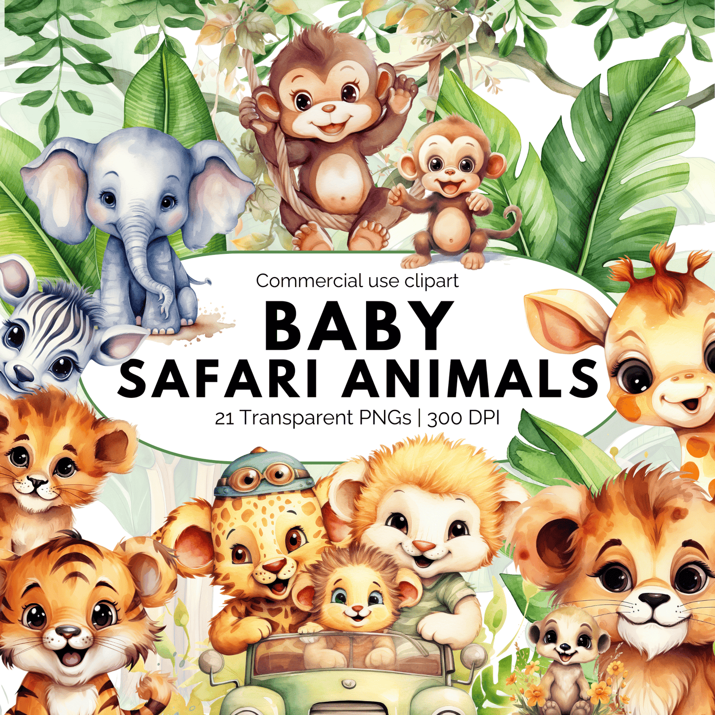 Watercolor Baby Safari Animals Clipart