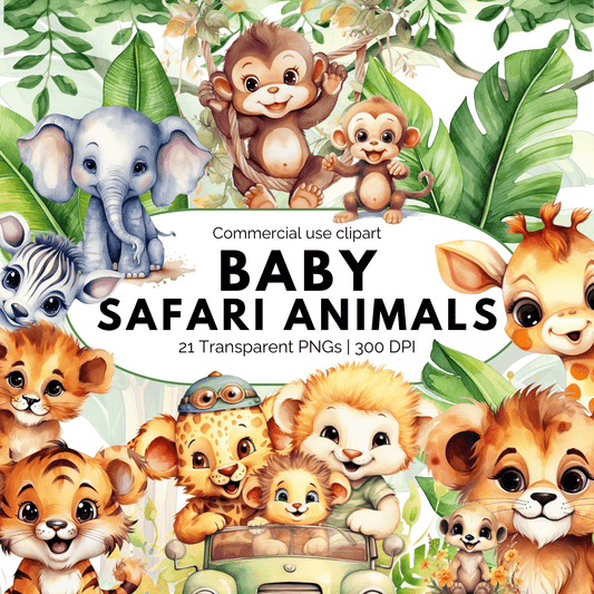 Watercolor Baby Safari Animals Clipart