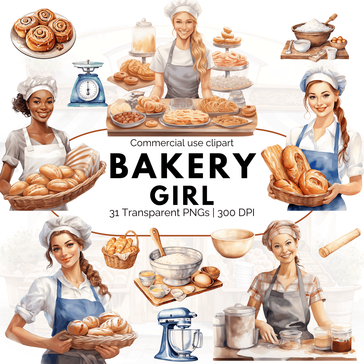 Watercolor Bakery Girl Clipart