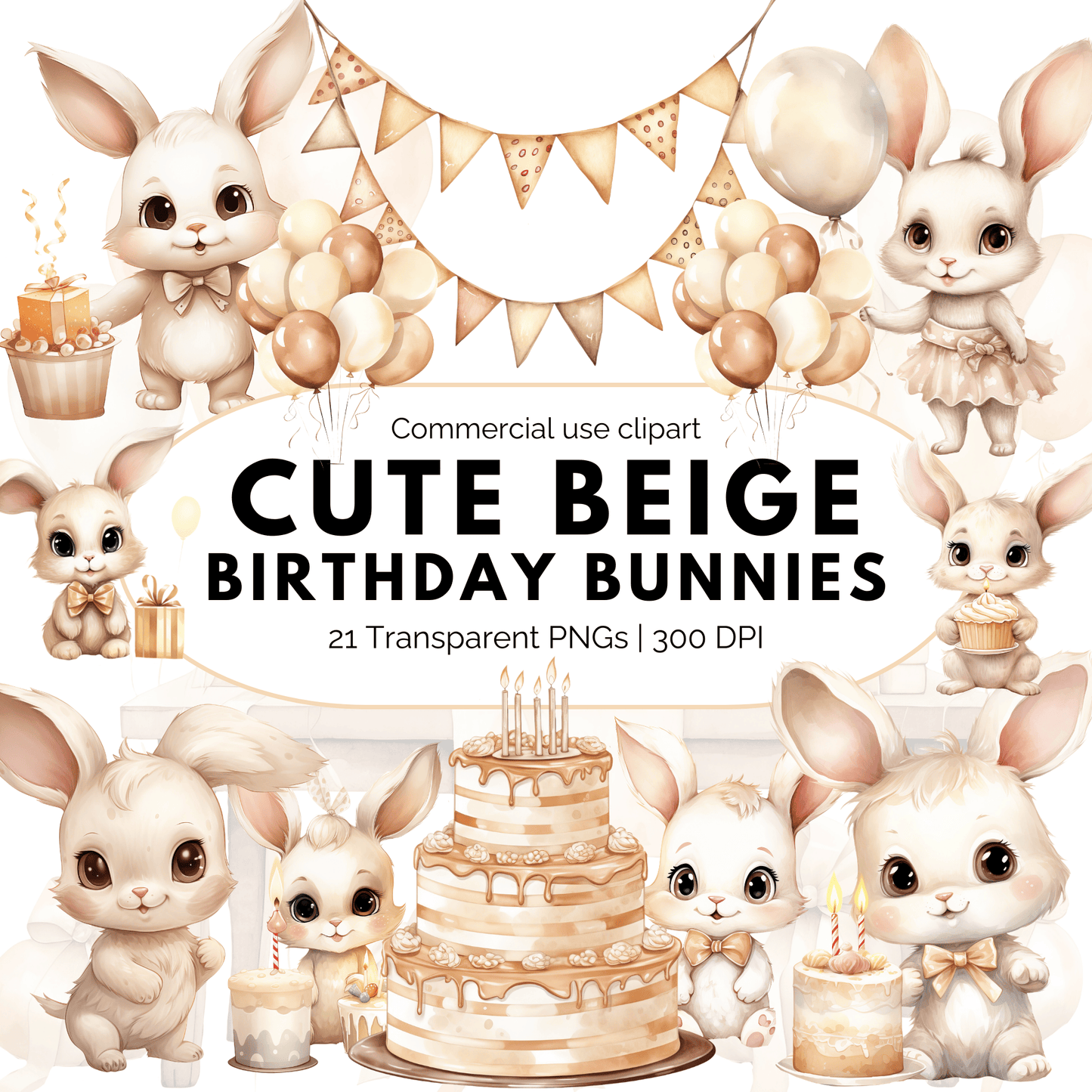 Watercolor Beige Birthday Bunny Clipart