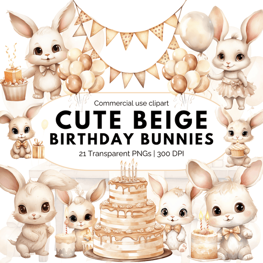 Watercolor Beige Birthday Bunny Clipart