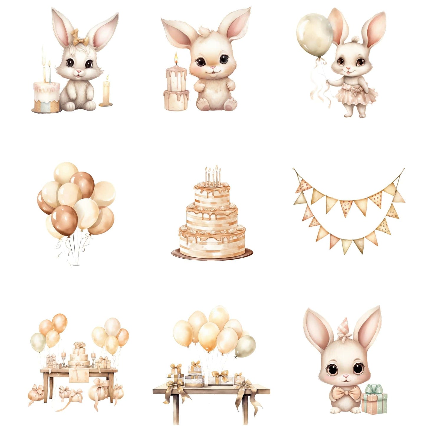 Watercolor Beige Birthday Bunny Clipart