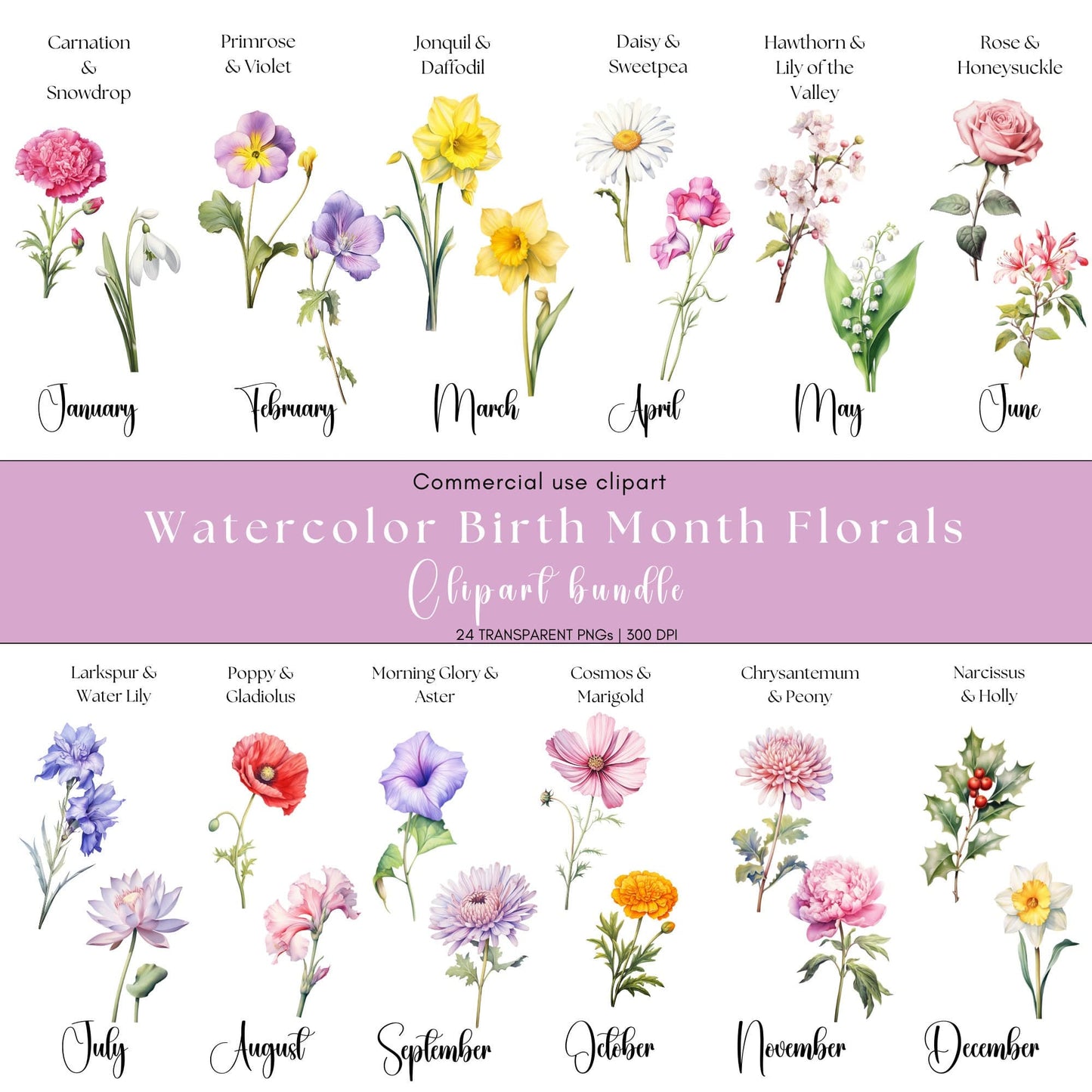 Watercolor Birth Month Flower Clipart