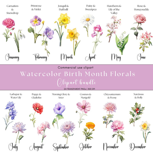 Watercolor Birth Month Flower Clipart