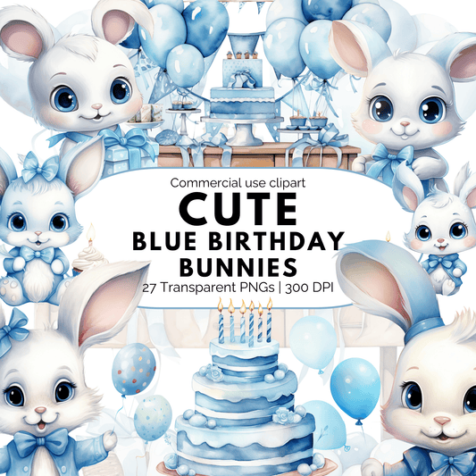 Watercolor Blue Birthday Bunny Clipart