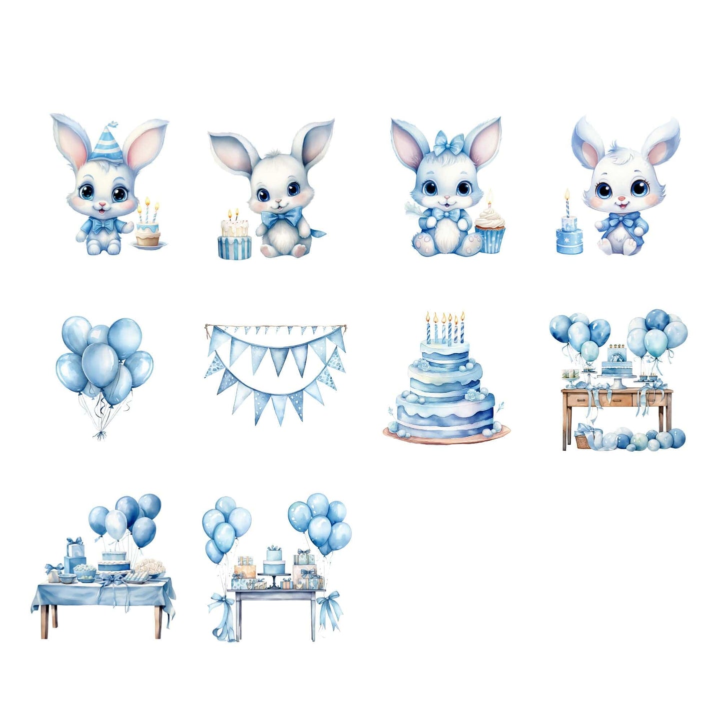 Watercolor Blue Birthday Bunny Clipart