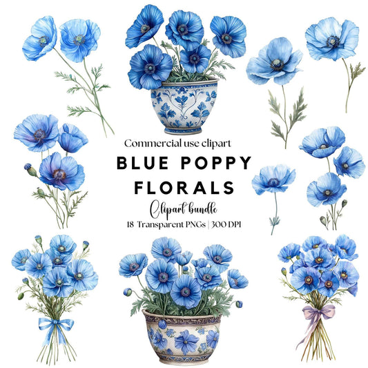 Watercolor Blue Poppy Clipart