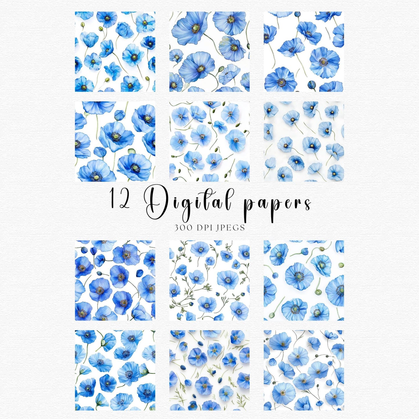 Watercolor Blue Poppy Digital Papers
