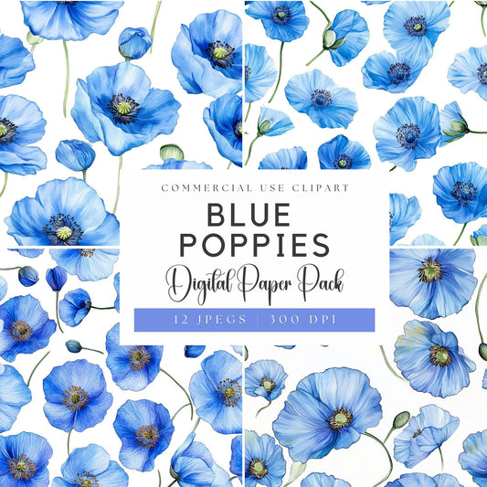 Watercolor Blue Poppy Digital Papers