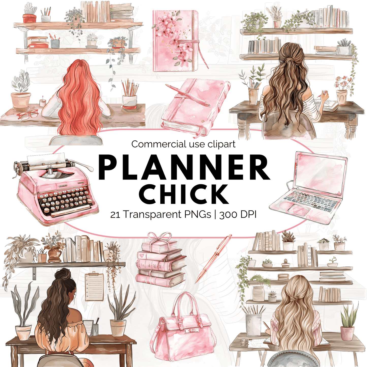 Watercolor Blush Pink Planner Chick Clipart