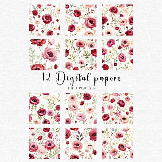 Watercolor Blush & Red Ranunculus Digital Papers