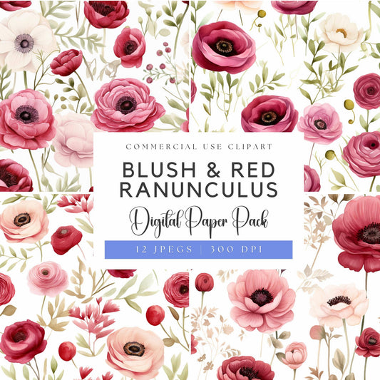 Watercolor Blush & Red Ranunculus Digital Papers
