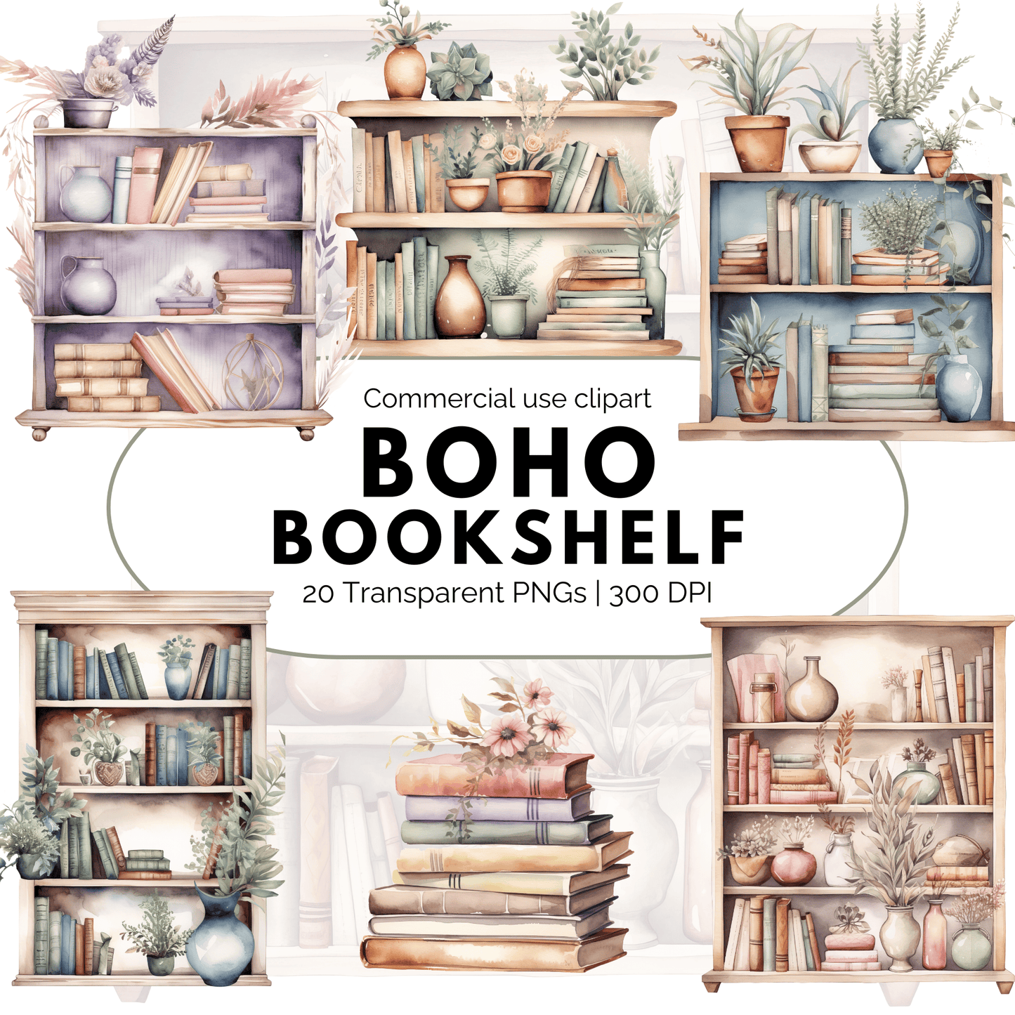 Watercolor Boho Bookshelf Clipart