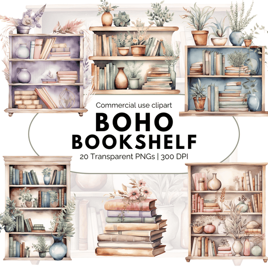 Watercolor Boho Bookshelf Clipart