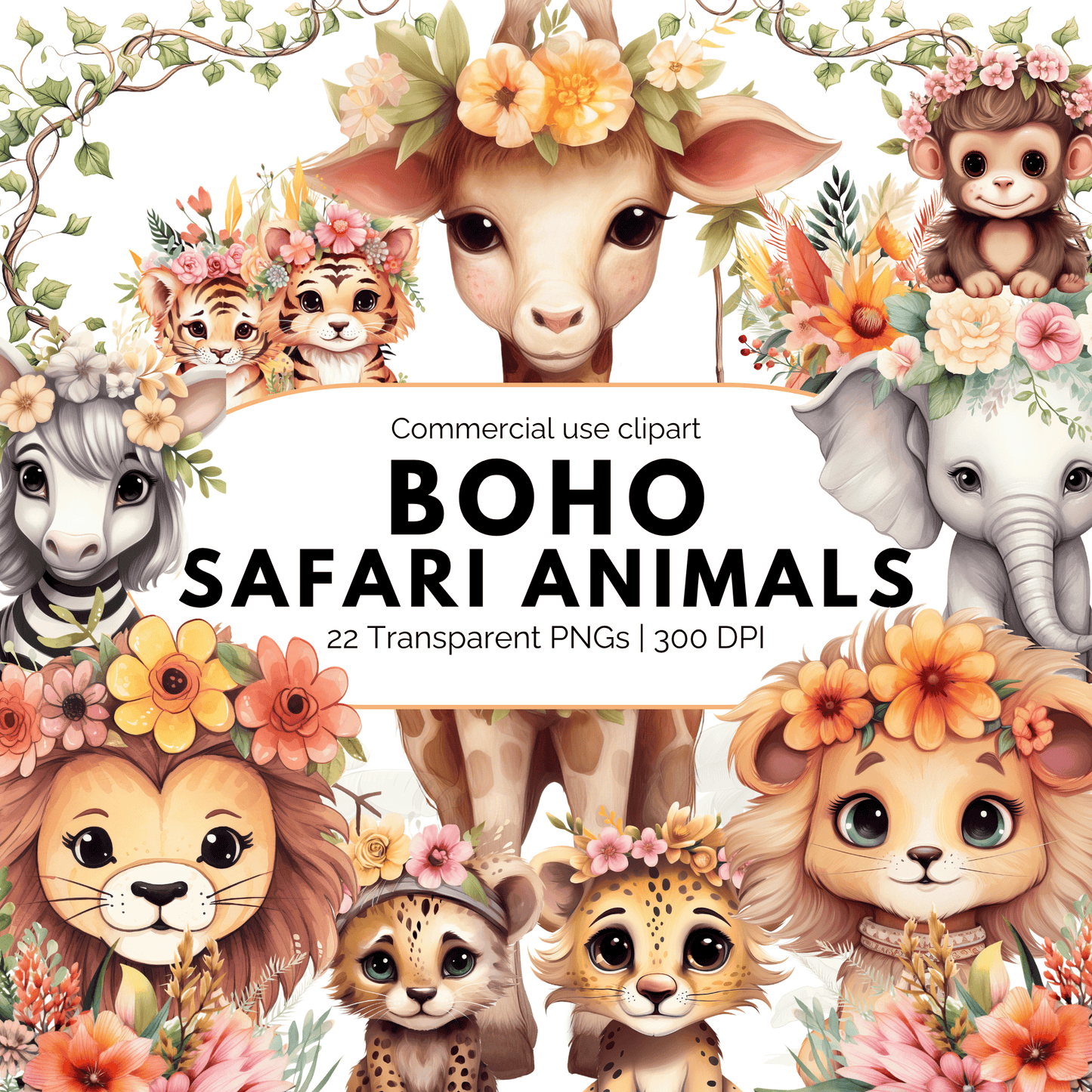 Watercolor Boho Safari Animal Clipart