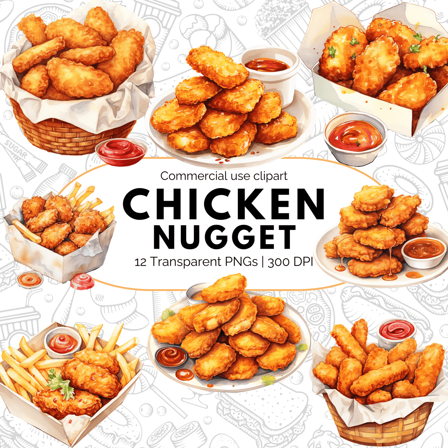 Watercolor Chicken Nuggets Clipart
