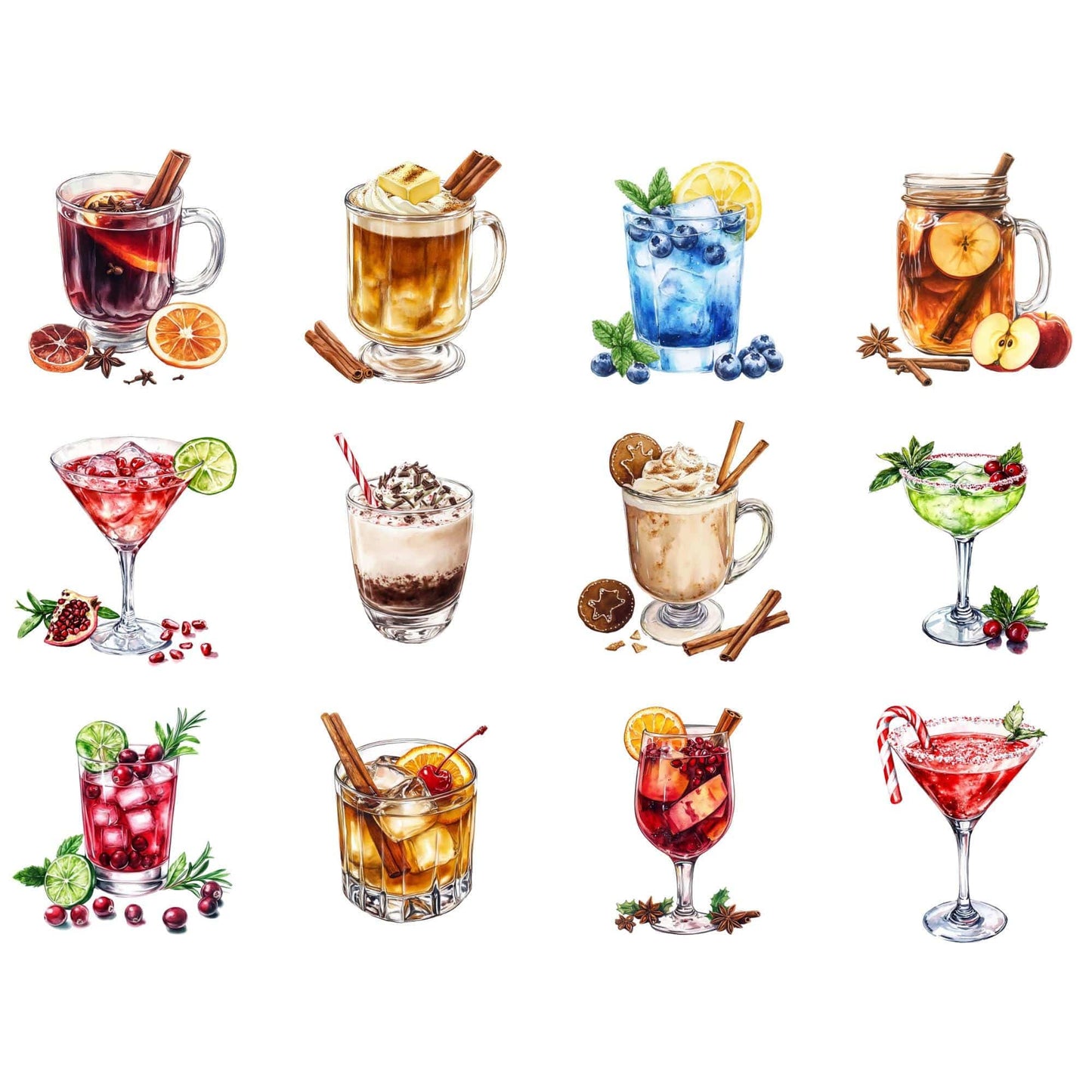 Watercolor Christmas Cocktails Clipart