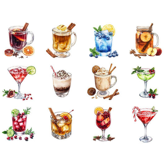 Watercolor Christmas Cocktails Clipart