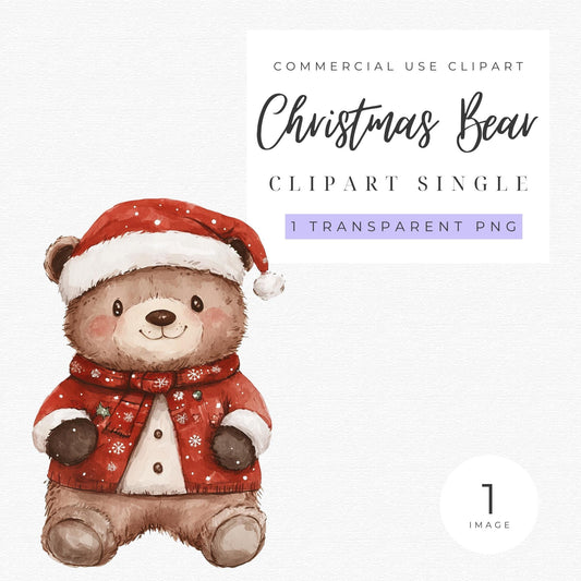 Watercolor Christmas Teddy Bear Clipart