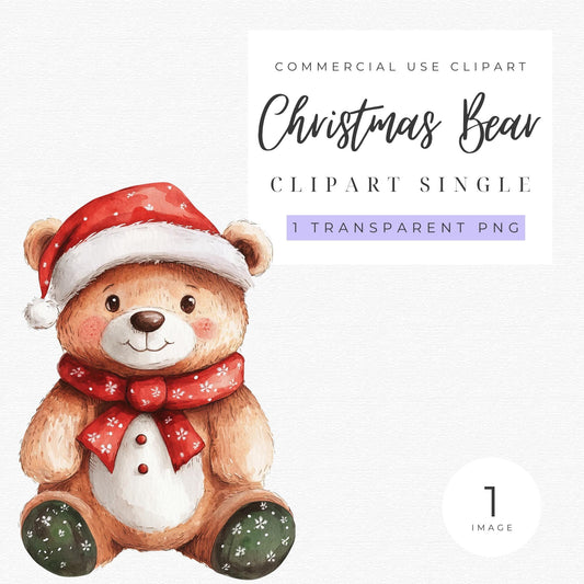Watercolor Christmas Teddy Bear Clipart