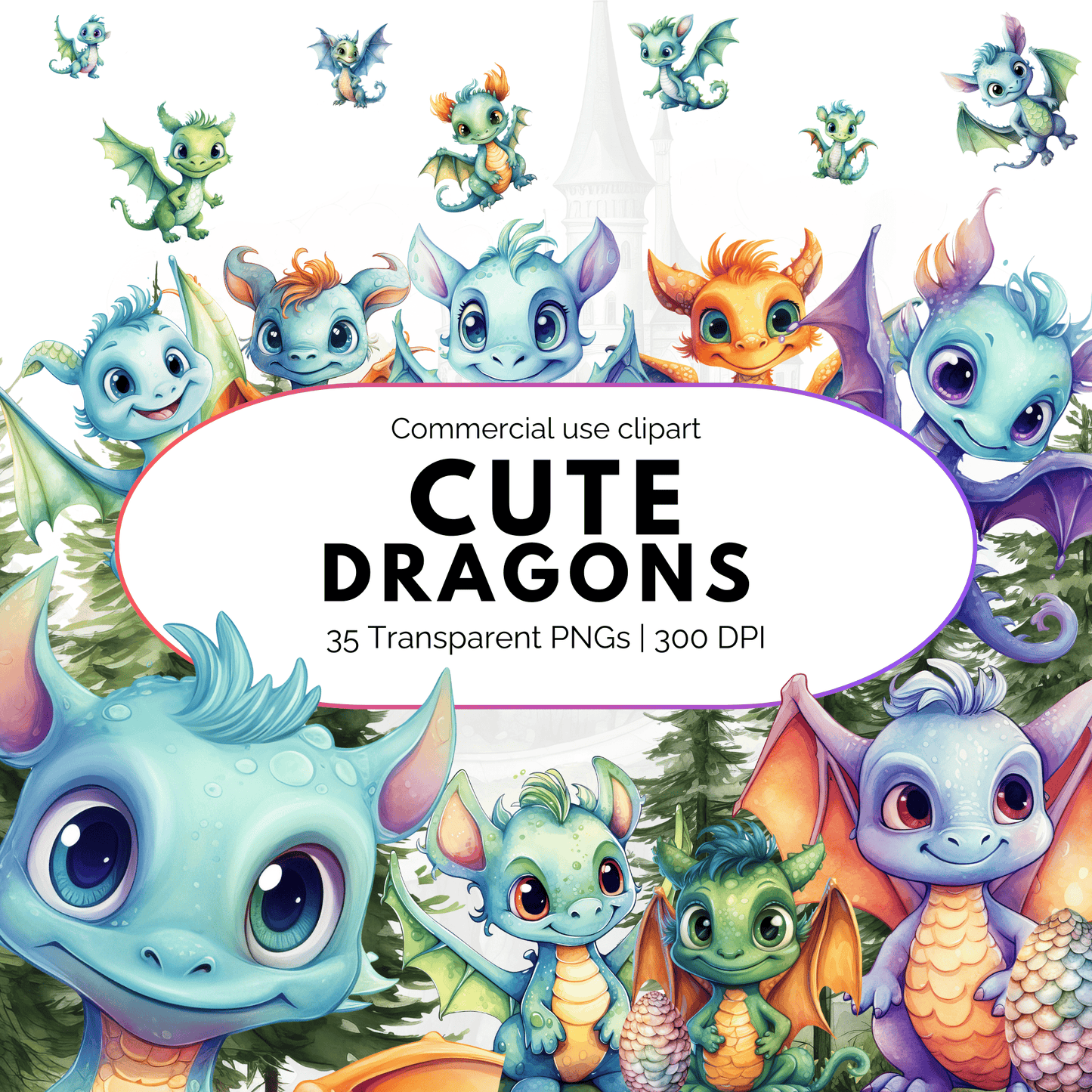 Illustrations of cute dragons with a commercial use clipart label.