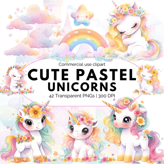 Watercolor Cute Pastel Unicorn Clipart
