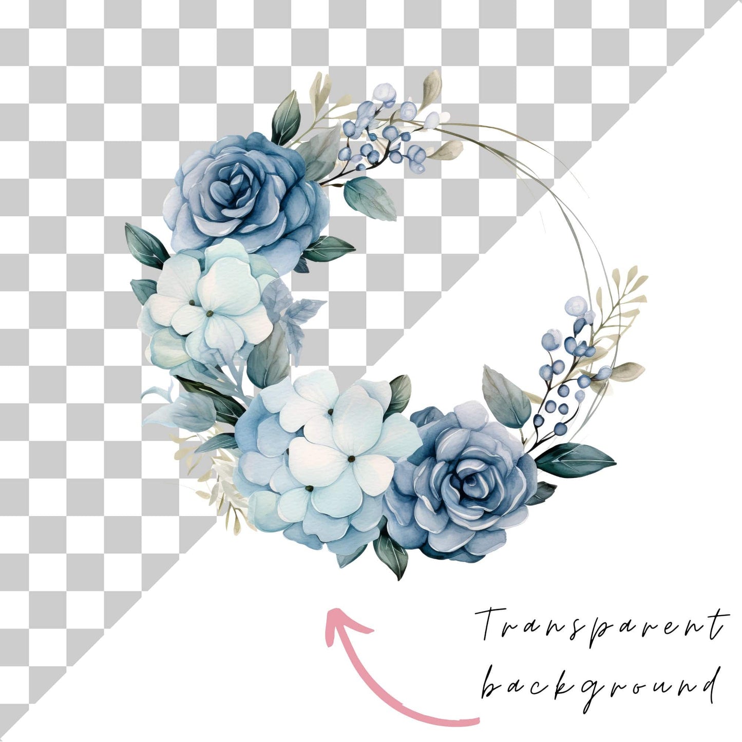 Watercolor Dusty Blue Hydrangea and Rose Floral Clipart