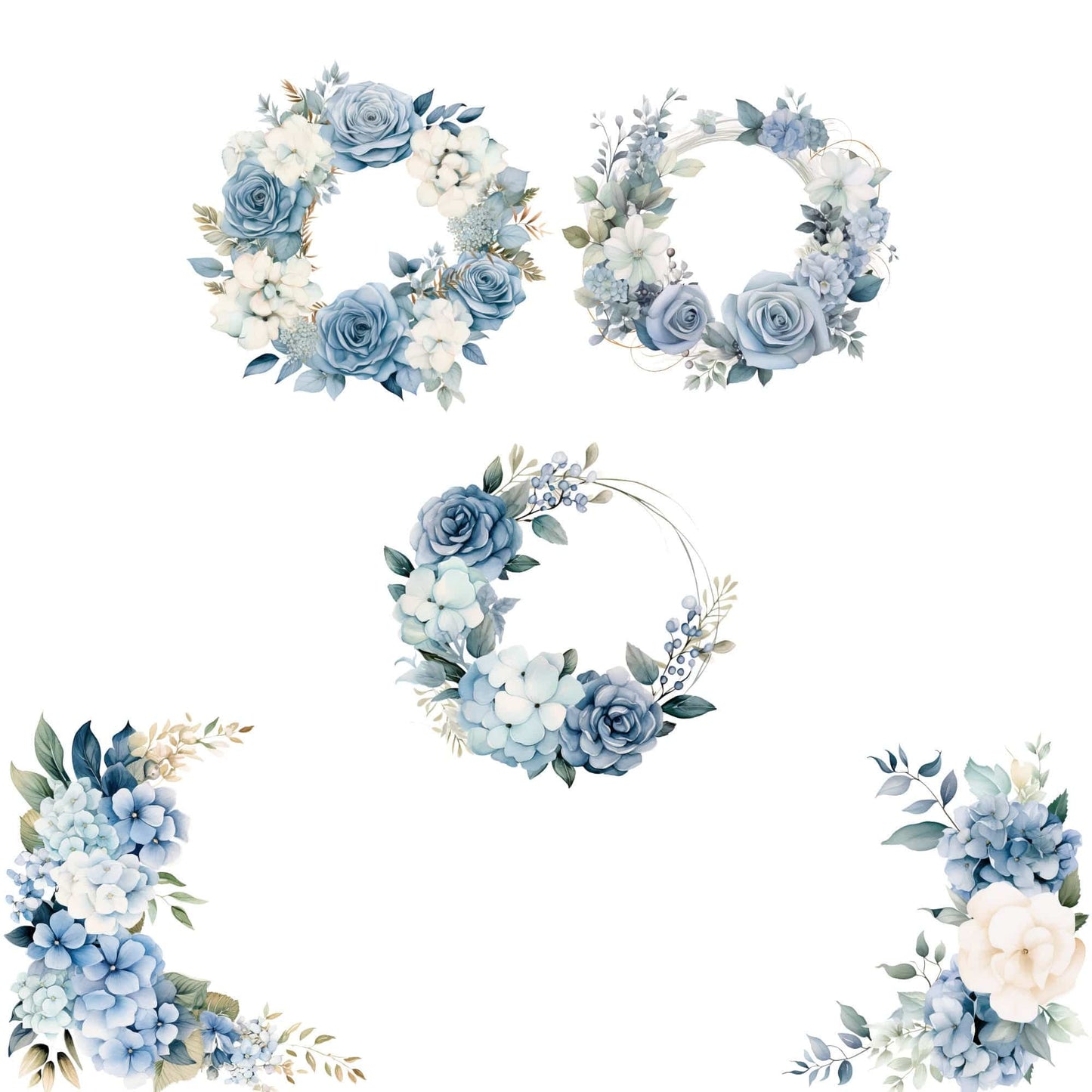 Watercolor Dusty Blue Hydrangea and Rose Floral Clipart