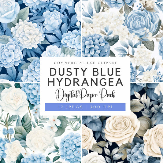 Watercolor Dusty Blue Hydrangea and Rose Floral Digital Papers