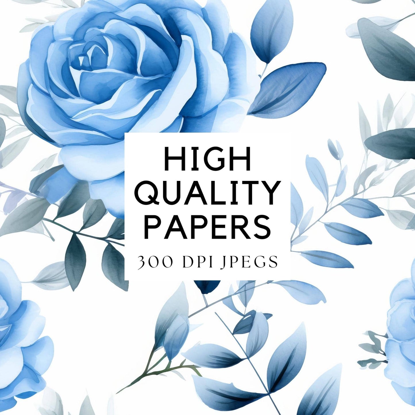 Watercolor Dusty Blue Rose Digital Papers
