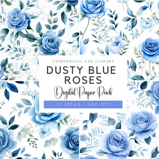 Watercolor Dusty Blue Rose Digital Papers