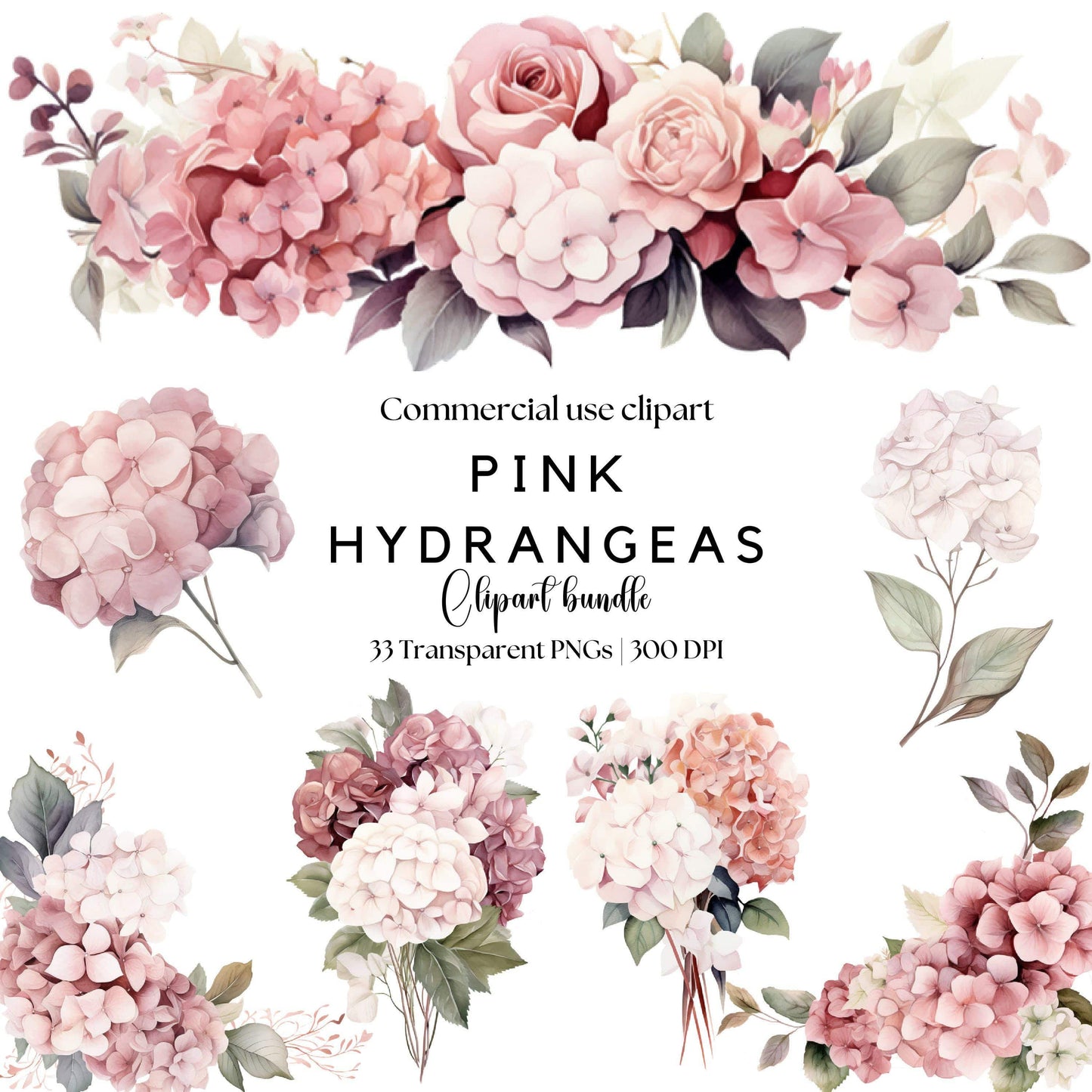 Watercolor Dusty Pink Hydrangea and Rose Floral Clipart