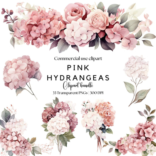 Watercolor Dusty Pink Hydrangea and Rose Floral Clipart