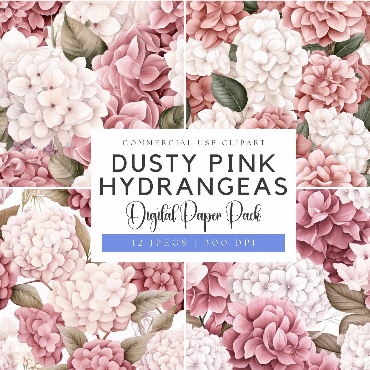 Watercolor Dusty Pink Hydrangea and Rose Floral Digital Papers