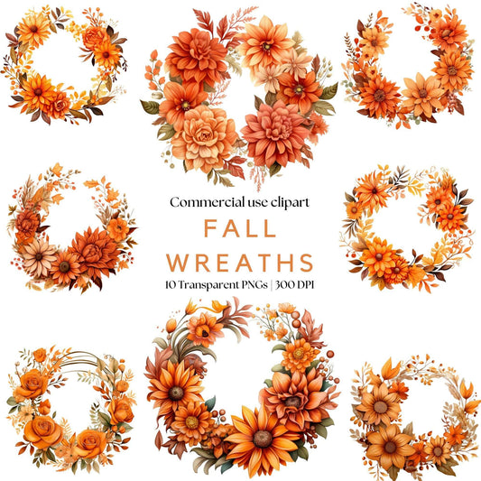 Watercolor Fall Floral Wreath Clipart