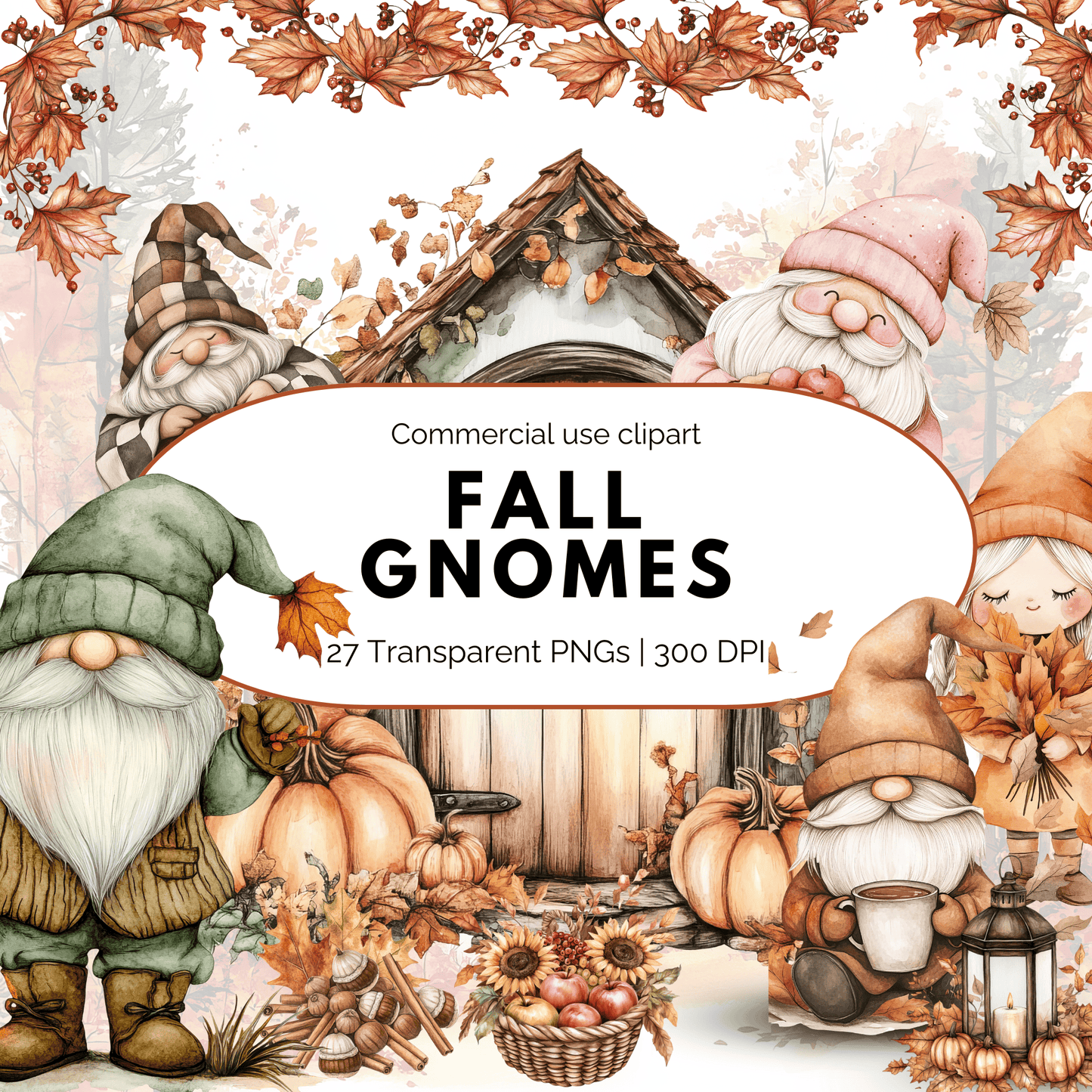 Watercolor Fall Gnomes Clipart PNG, Cute Autumn Gnome Sublimation, Thanksgiving Gnome Digital Download