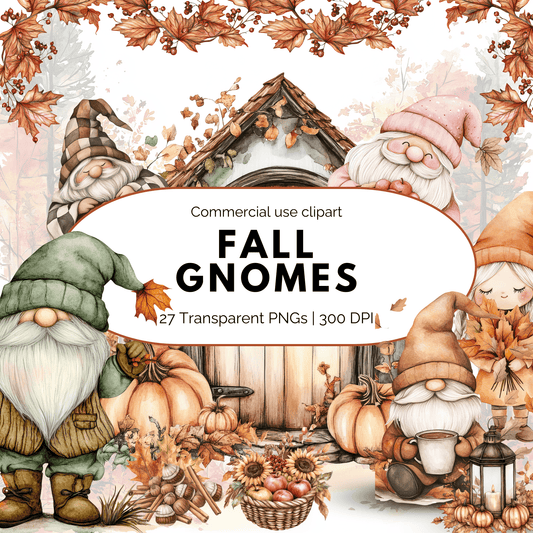 Watercolor Fall Gnomes Clipart PNG, Cute Autumn Gnome Sublimation, Thanksgiving Gnome Digital Download