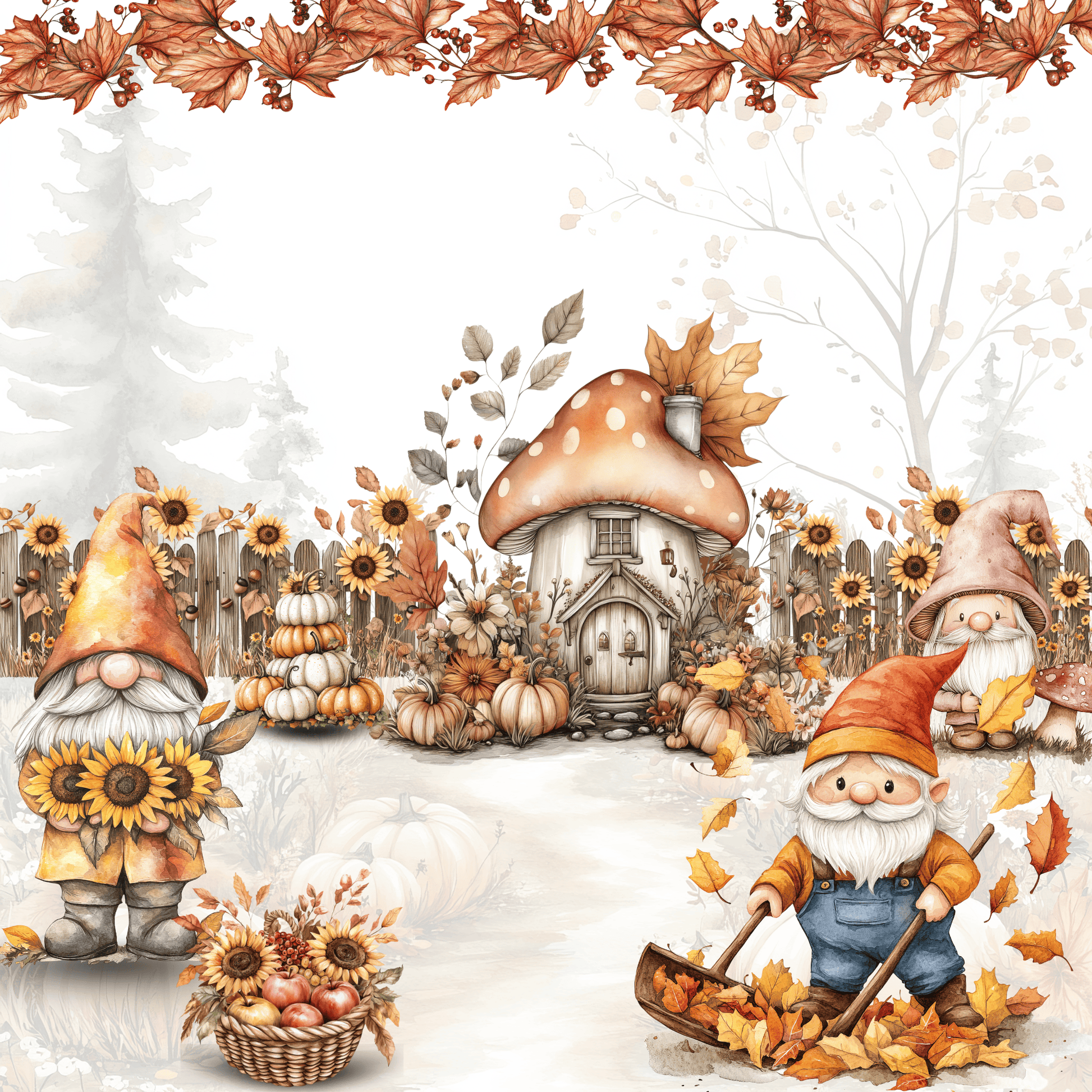 a painting of a garden with a gnome and sunflowers