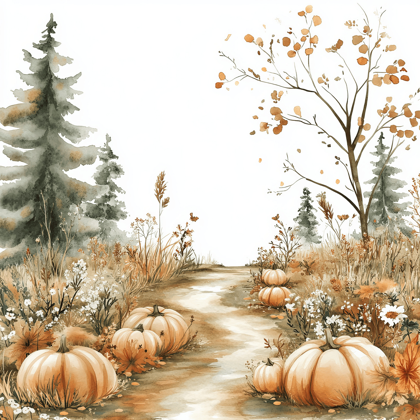 a painting of a path with pumpkins and flowers