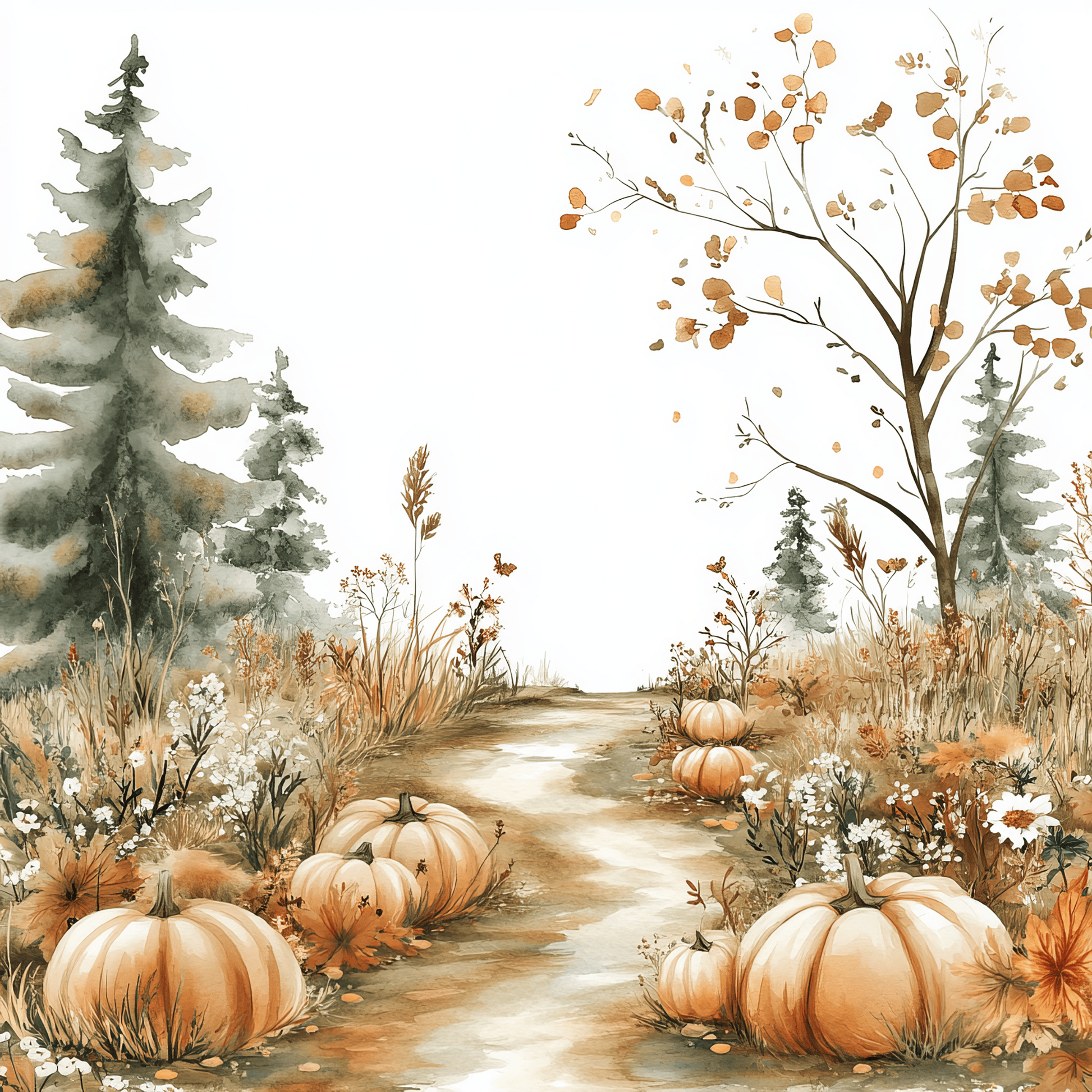 a painting of a path with pumpkins and flowers