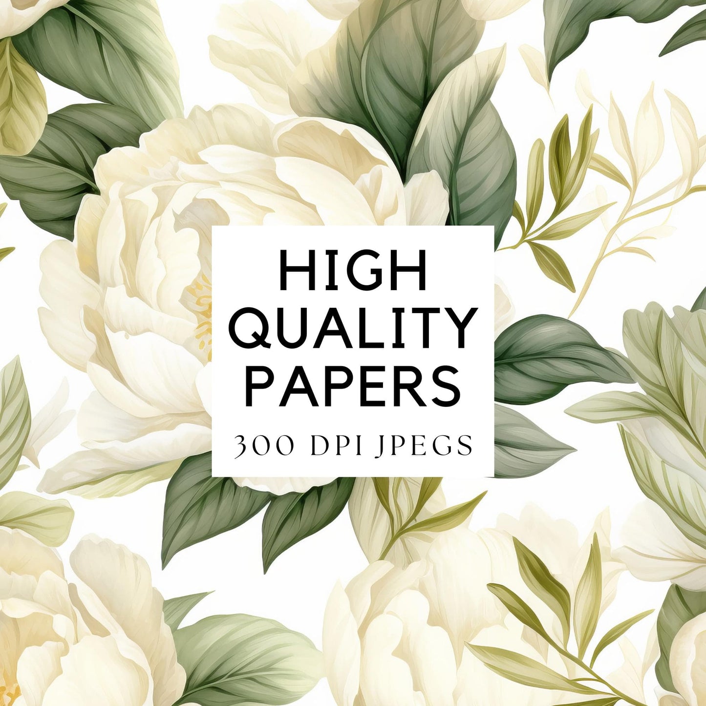 Watercolor Ivory White Peony Digital Papers