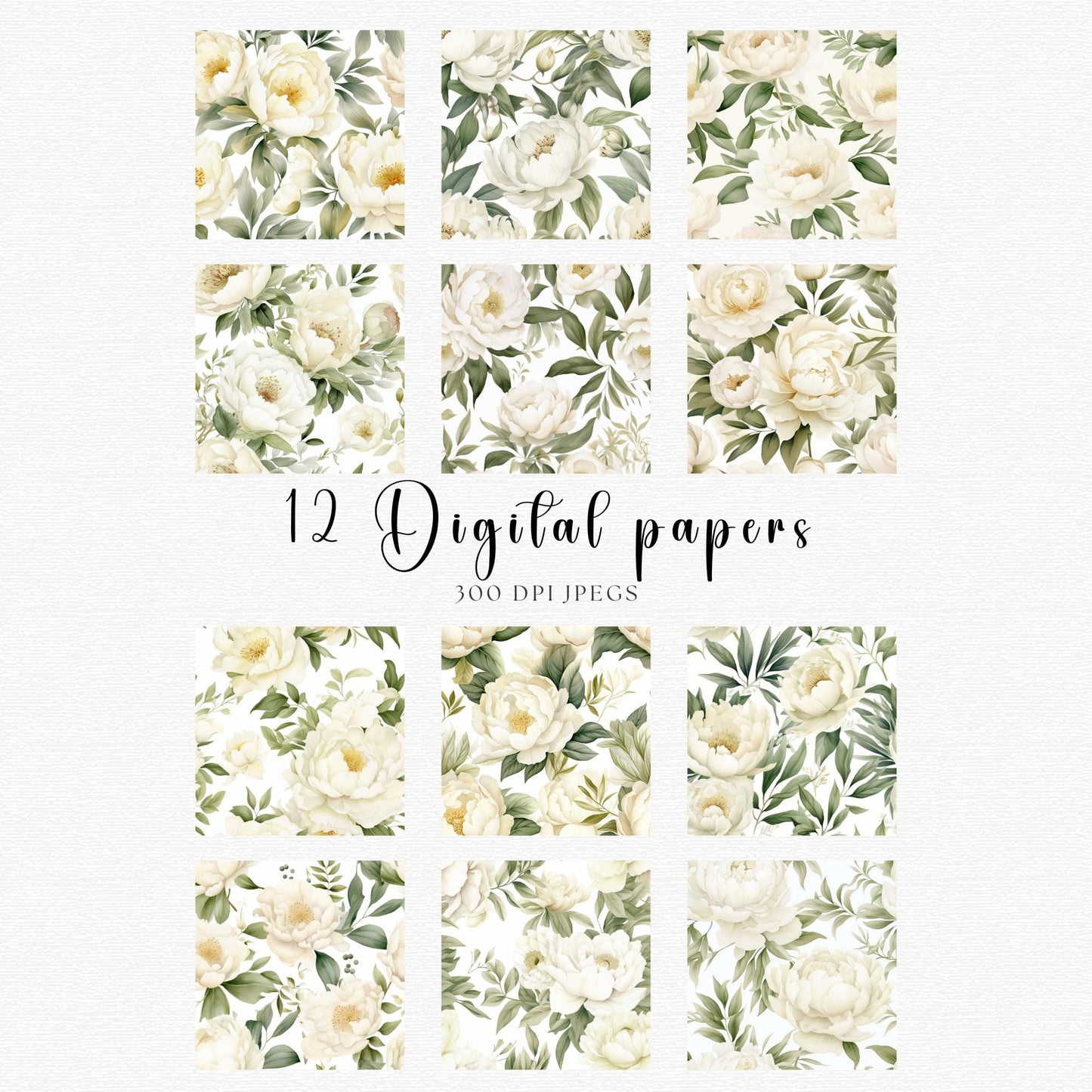 Watercolor Ivory White Peony Digital Papers